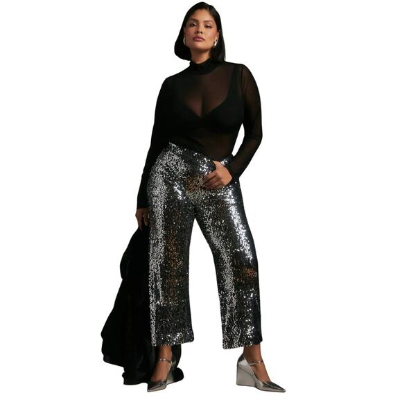 Anthropologie Colette Cropped Wide Leg Sequin Pants Black Silver Maeve Size 33 - Picture 1 of 11